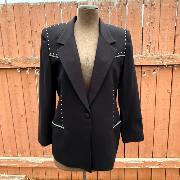 Sharp Vintage 90s Black Tailored Blazer with Rhinestone - Picture 1 of 10